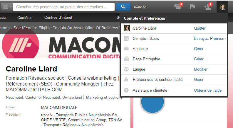 Préférences profile Linkedin