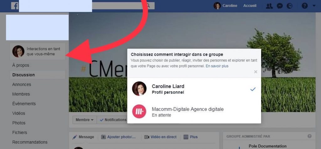Interagir en tant que Page sur Desktop