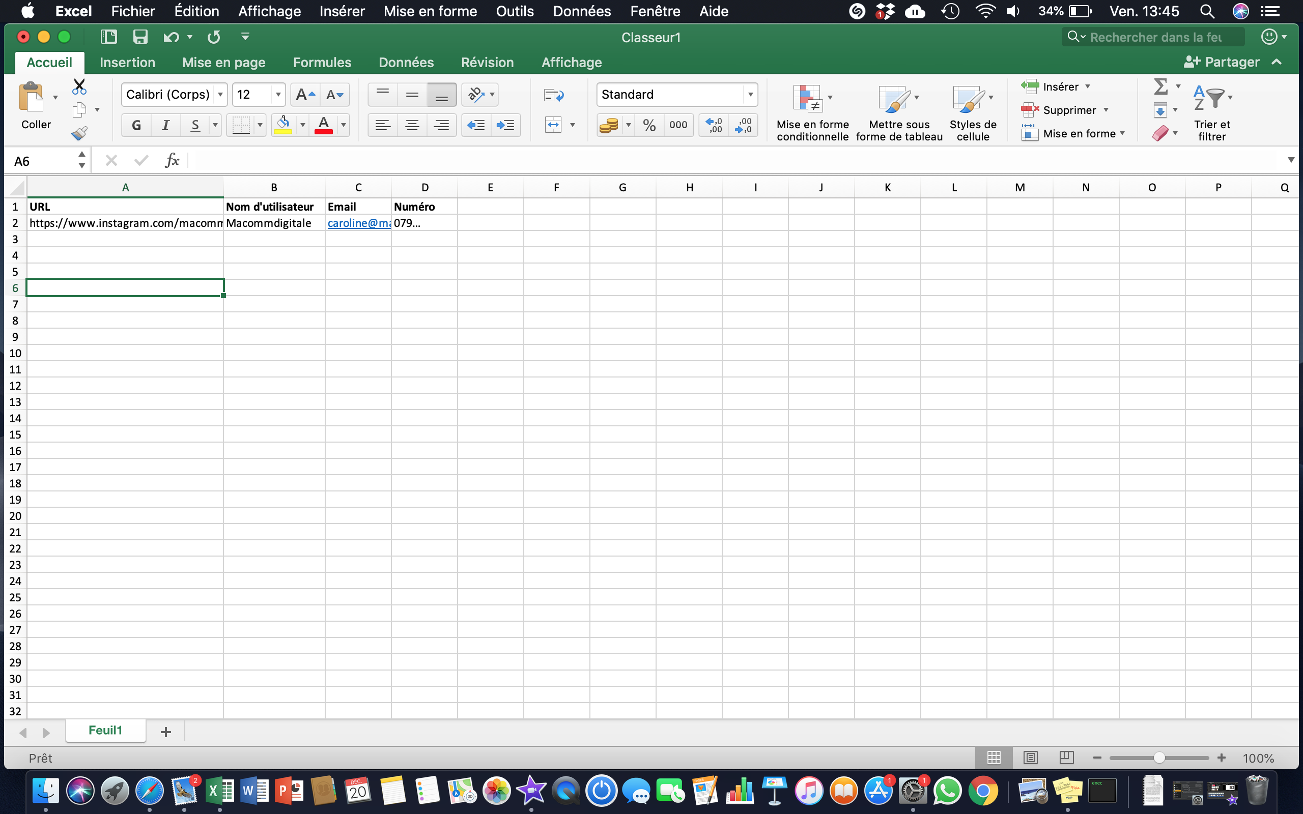 Tableau Excel pour lister les influenceurs choisis sur Instagram